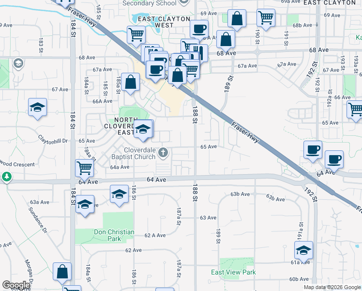 map of restaurants, bars, coffee shops, grocery stores, and more near 6528 187A Street in Surrey