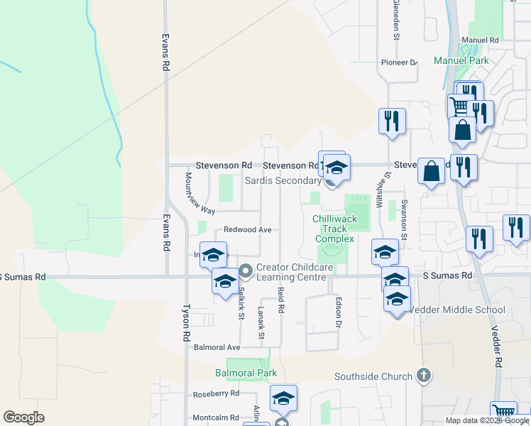 map of restaurants, bars, coffee shops, grocery stores, and more near 6532 Dayton Drive in Chilliwack