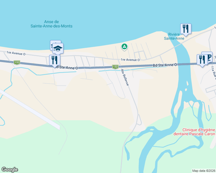 map of restaurants, bars, coffee shops, grocery stores, and more near 84 21e Rue Ouest in Sainte-Anne-des-Monts