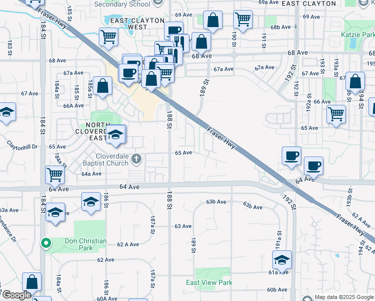 map of restaurants, bars, coffee shops, grocery stores, and more near 6490 188A Street in Surrey