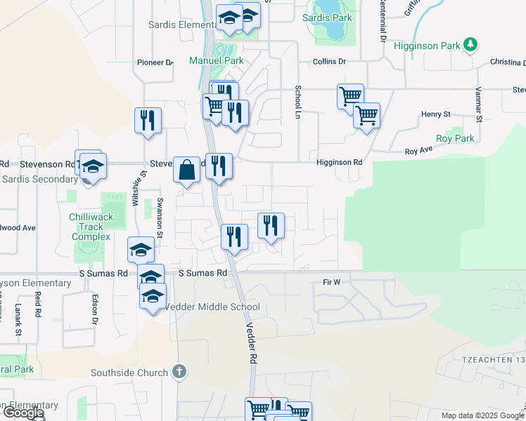 map of restaurants, bars, coffee shops, grocery stores, and more near 45715 Safflower Crescent in Chilliwack