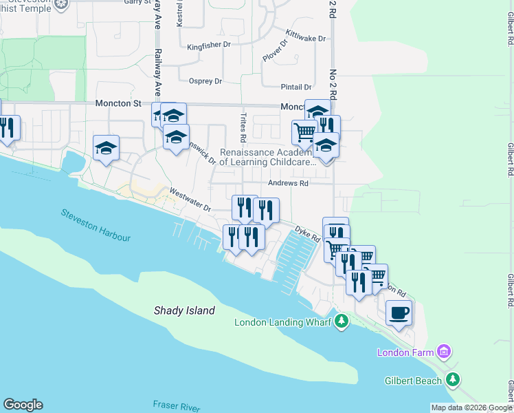 map of restaurants, bars, coffee shops, grocery stores, and more near 5500 Andrews Road in Richmond