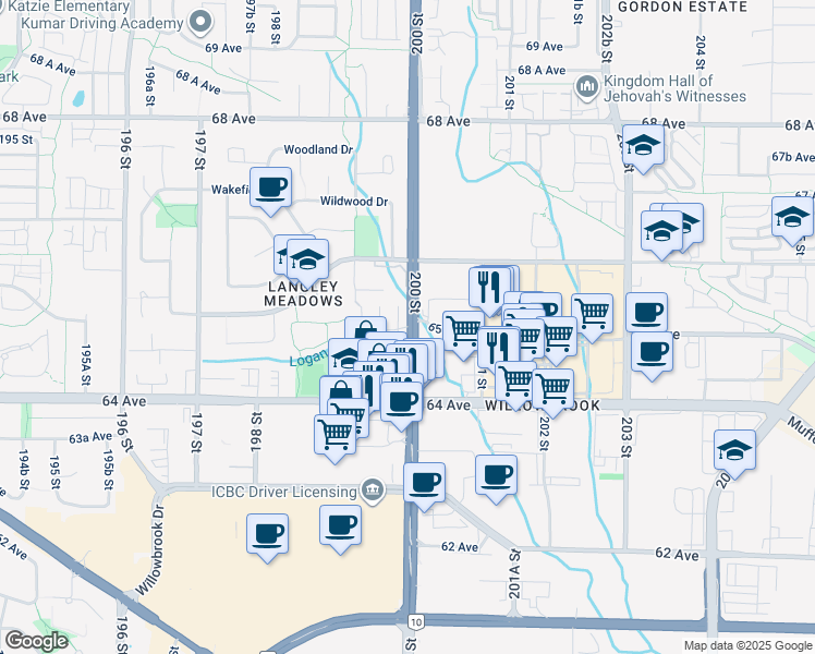 map of restaurants, bars, coffee shops, grocery stores, and more near 6513 200 Street in Langley