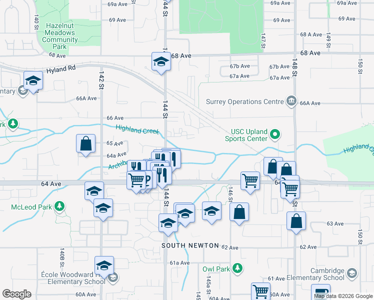 map of restaurants, bars, coffee shops, grocery stores, and more near 14466 65 Avenue in Surrey