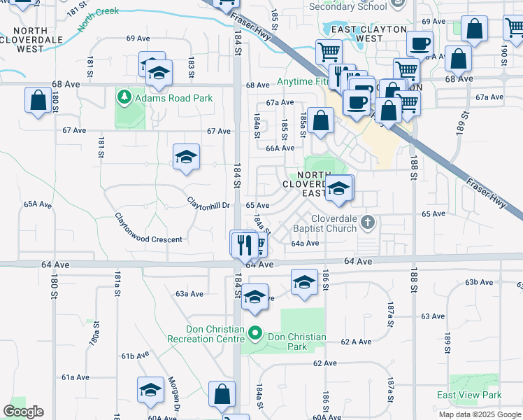 map of restaurants, bars, coffee shops, grocery stores, and more near 18456 65 Avenue in Surrey