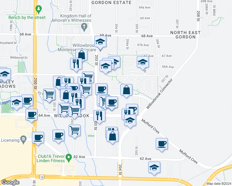 map of restaurants, bars, coffee shops, grocery stores, and more near 20487 65 Avenue in Langley Township