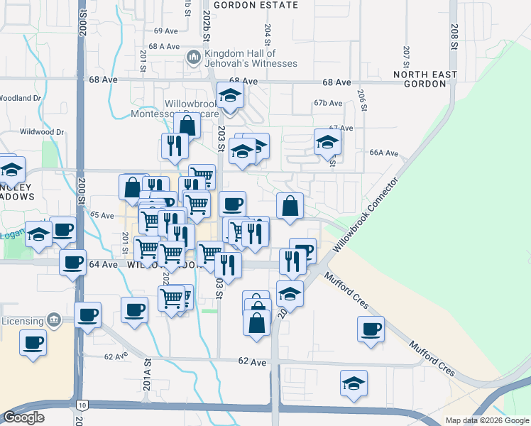 map of restaurants, bars, coffee shops, grocery stores, and more near 20363 65 Avenue in Langley