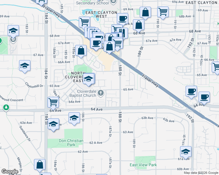map of restaurants, bars, coffee shops, grocery stores, and more near 18745 65 Avenue in Surrey