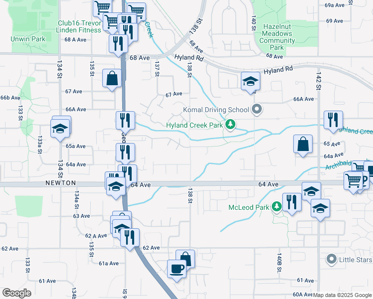 map of restaurants, bars, coffee shops, grocery stores, and more near 6537 138 Street in Surrey