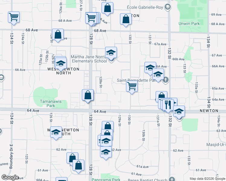 map of restaurants, bars, coffee shops, grocery stores, and more near 12925 65 Avenue in Surrey