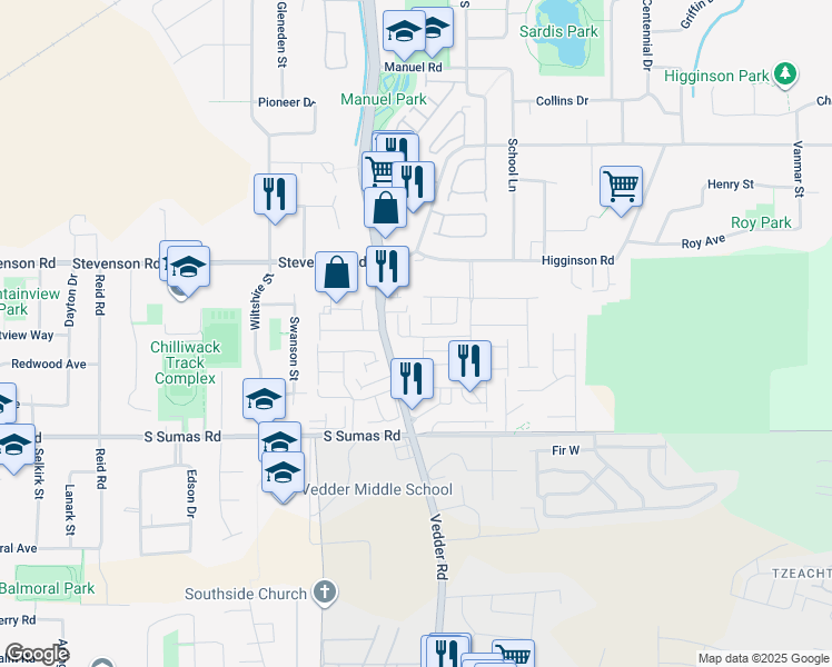 map of restaurants, bars, coffee shops, grocery stores, and more near 45762 Safflower Crescent in Chilliwack