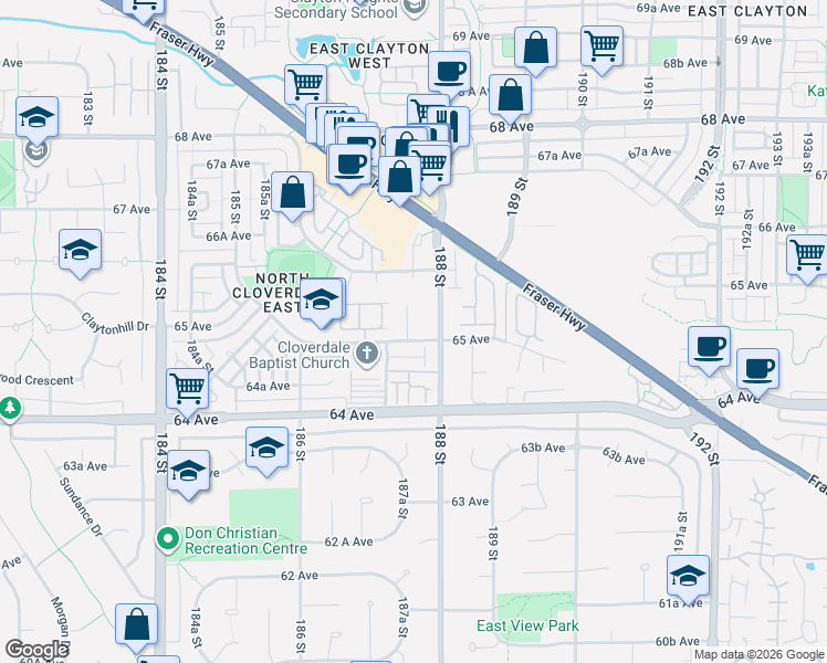 map of restaurants, bars, coffee shops, grocery stores, and more near 18755 65 Avenue in Surrey