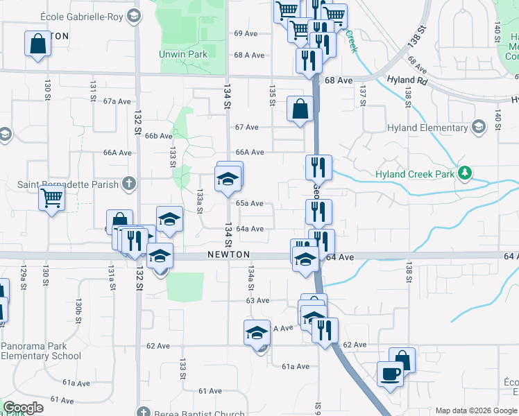 map of restaurants, bars, coffee shops, grocery stores, and more near 13489 64A Avenue in Surrey