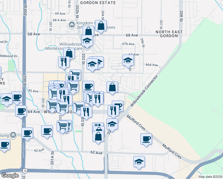 map of restaurants, bars, coffee shops, grocery stores, and more near 20487 65 Avenue in Langley Township