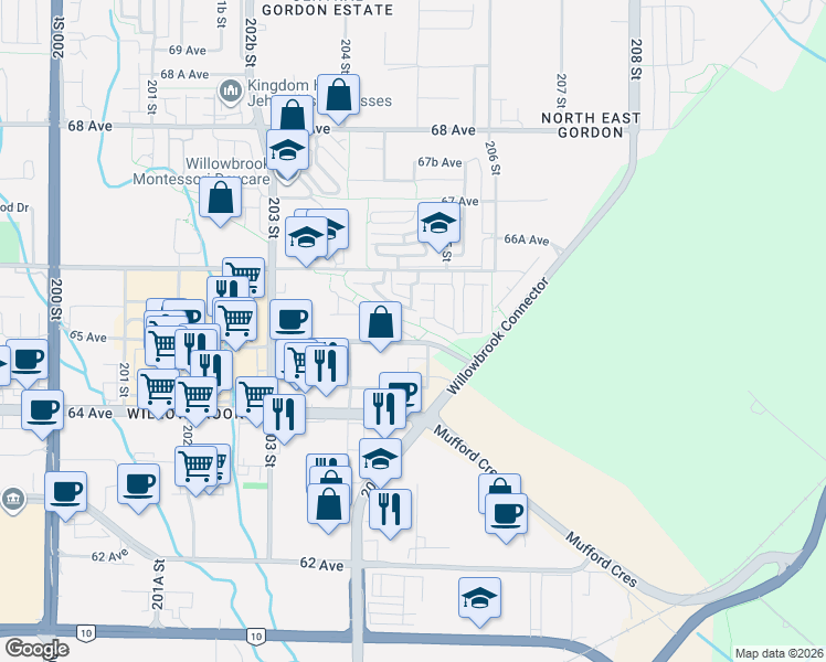 map of restaurants, bars, coffee shops, grocery stores, and more near 20392 65 Ave in Langley