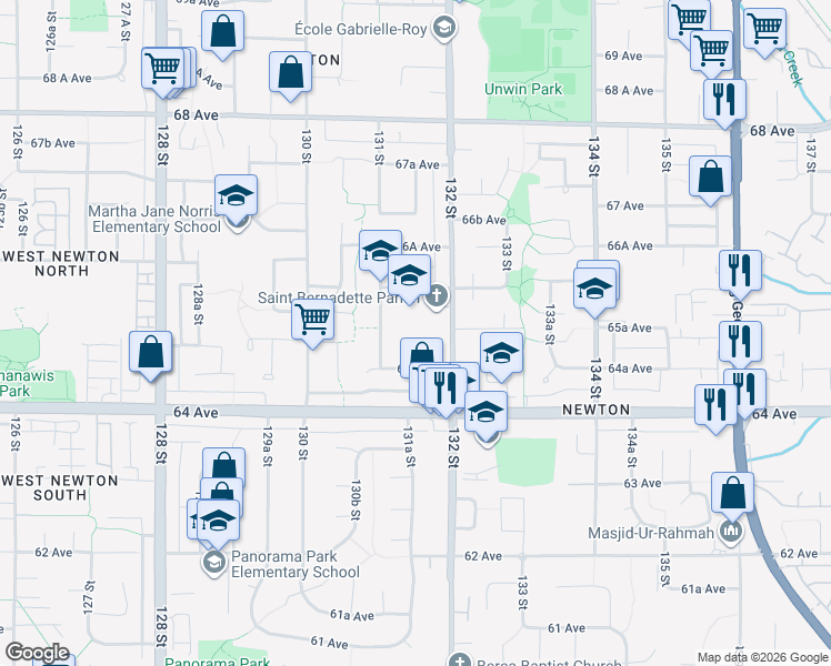 map of restaurants, bars, coffee shops, grocery stores, and more near 6498 131A Street in Surrey