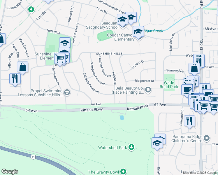 map of restaurants, bars, coffee shops, grocery stores, and more near 6511 Kempson Crescent in Delta
