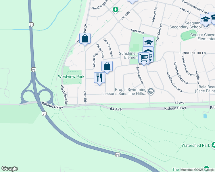 map of restaurants, bars, coffee shops, grocery stores, and more near 11073 Lawrie Crescent in Delta