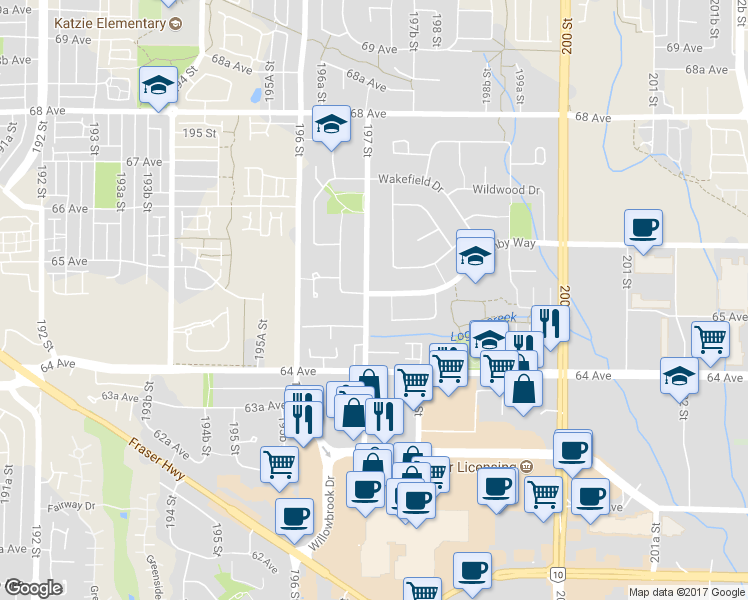 map of restaurants, bars, coffee shops, grocery stores, and more near 2202 Willoughby Way in Langley