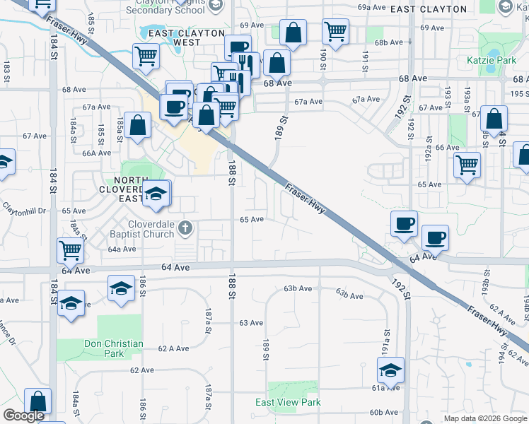 map of restaurants, bars, coffee shops, grocery stores, and more near 18883 65 Avenue in Surrey
