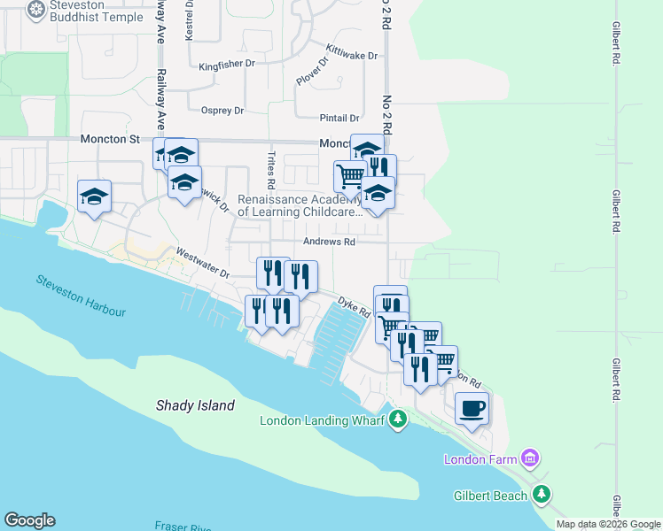 map of restaurants, bars, coffee shops, grocery stores, and more near 5600 Andrews Road in Richmond