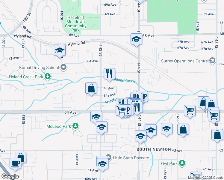 map of restaurants, bars, coffee shops, grocery stores, and more near 14270 65 Avenue in Surrey