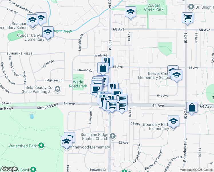 map of restaurants, bars, coffee shops, grocery stores, and more near 11960 Woodridge Crescent in Delta