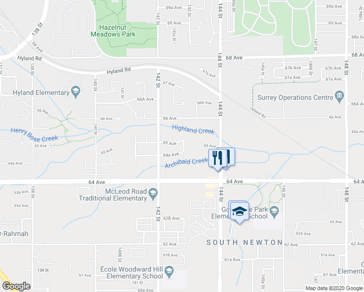 map of restaurants, bars, coffee shops, grocery stores, and more near 6477 143 Street in Surrey