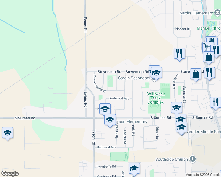 map of restaurants, bars, coffee shops, grocery stores, and more near 45187 Mountview Way in Chilliwack