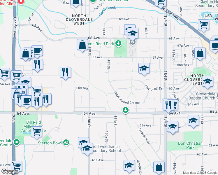 map of restaurants, bars, coffee shops, grocery stores, and more near 18136 Claytonwood Crescent in Surrey