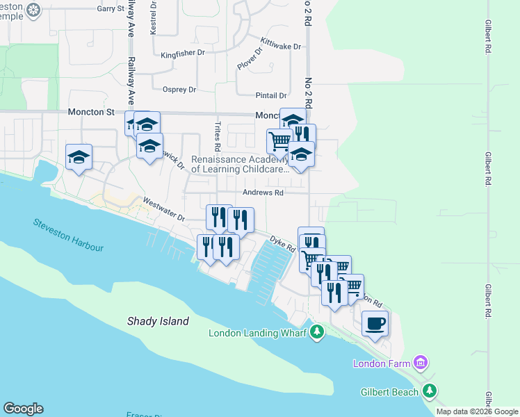 map of restaurants, bars, coffee shops, grocery stores, and more near 5600 Andrews Road in Richmond