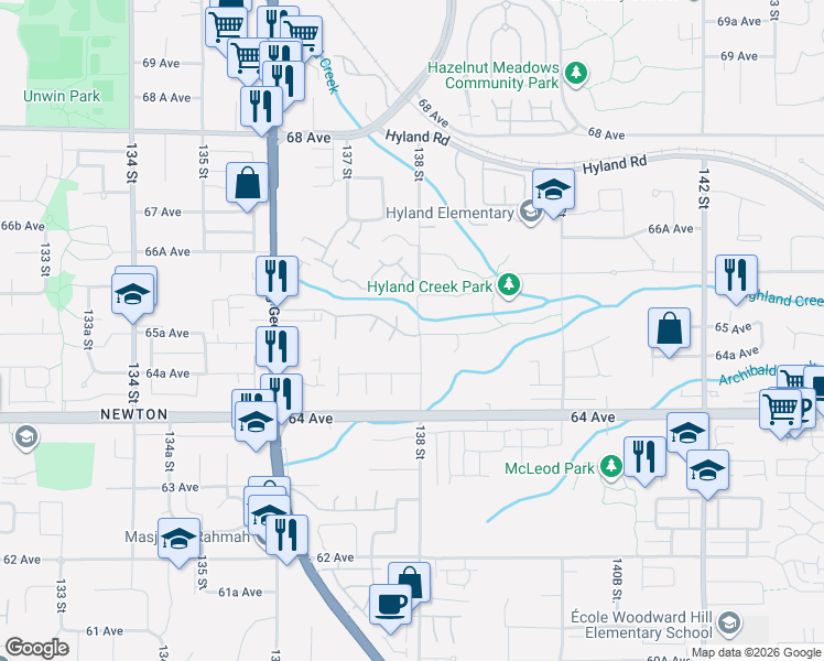 map of restaurants, bars, coffee shops, grocery stores, and more near 6472 138 Street in Surrey