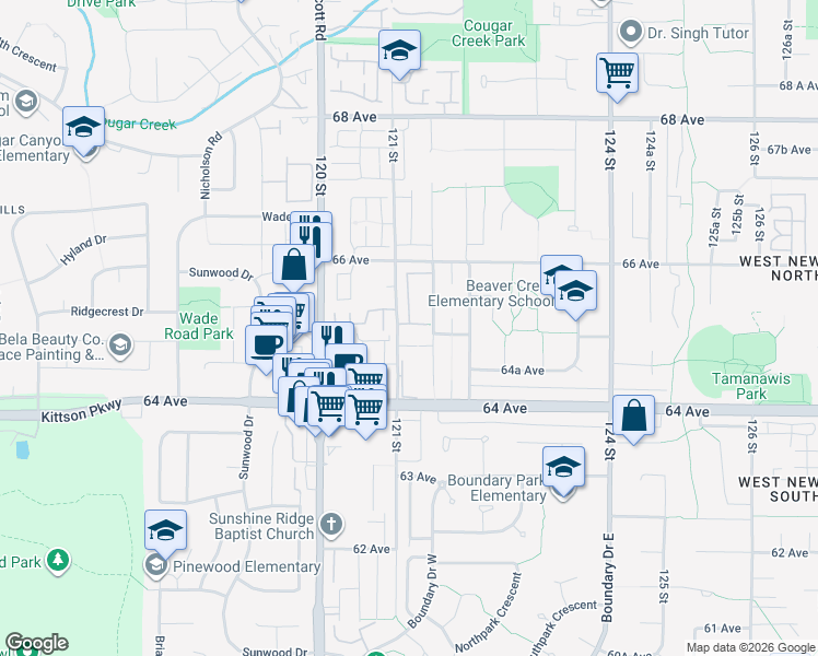 map of restaurants, bars, coffee shops, grocery stores, and more near 6518 121 Street in Surrey