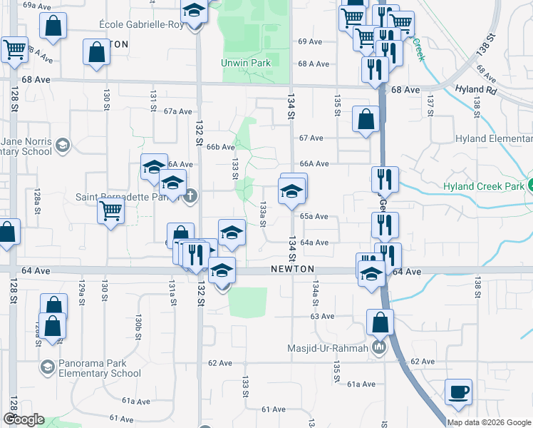 map of restaurants, bars, coffee shops, grocery stores, and more near 6524 133A Street in Surrey