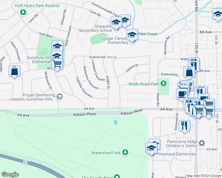 map of restaurants, bars, coffee shops, grocery stores, and more near 6500 Knight Drive in Delta