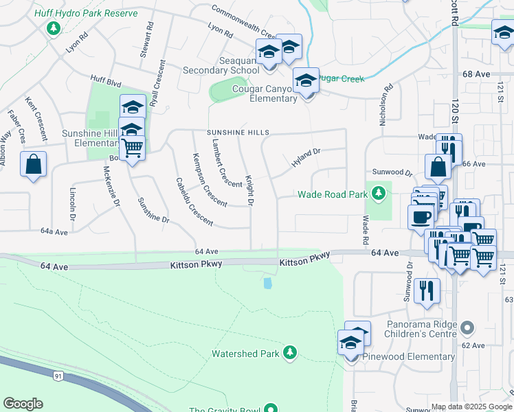 map of restaurants, bars, coffee shops, grocery stores, and more near 6500 Knight Drive in Delta