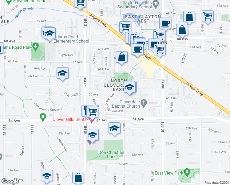 map of restaurants, bars, coffee shops, grocery stores, and more near 18566 64B Avenue in Surrey