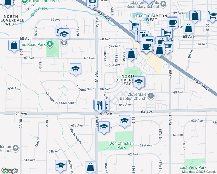 map of restaurants, bars, coffee shops, grocery stores, and more near 18461 65 Avenue in Surrey