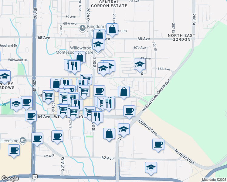 map of restaurants, bars, coffee shops, grocery stores, and more near 20487 65 Avenue in Langley Township