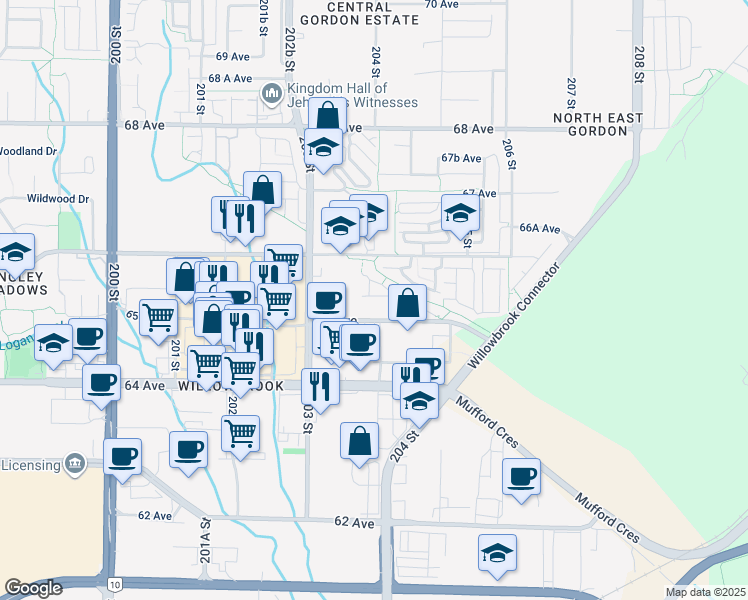 map of restaurants, bars, coffee shops, grocery stores, and more near 20487 65 Avenue in Langley Township