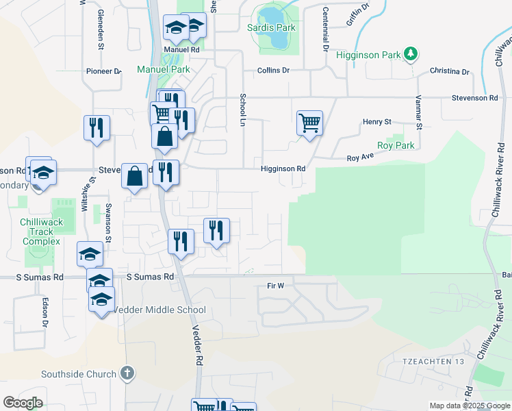 map of restaurants, bars, coffee shops, grocery stores, and more near 6550 Lavender Place in Chilliwack