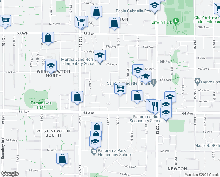 map of restaurants, bars, coffee shops, grocery stores, and more near 12958 65A Avenue in Surrey