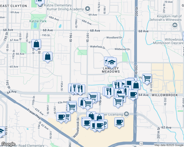map of restaurants, bars, coffee shops, grocery stores, and more near 2209 Willoughby Way in Langley