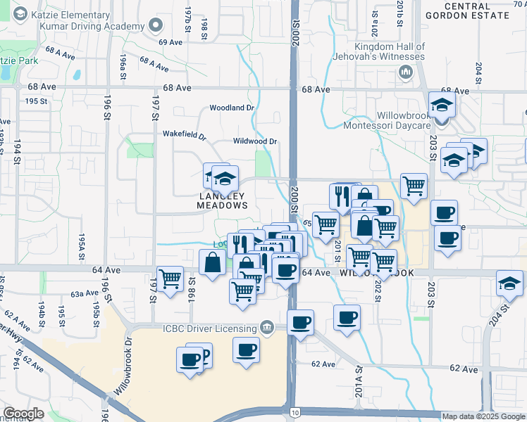 map of restaurants, bars, coffee shops, grocery stores, and more near 6513 200 Street in Langley Township