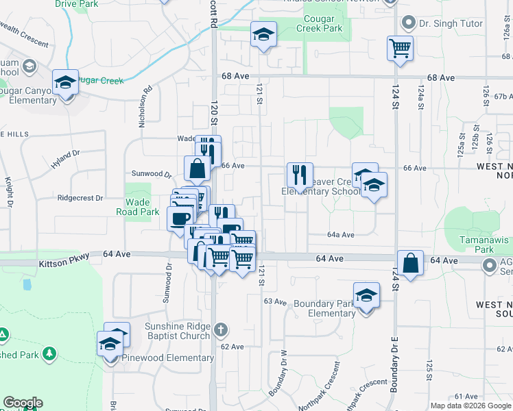 map of restaurants, bars, coffee shops, grocery stores, and more near 6533 121 Street in Surrey