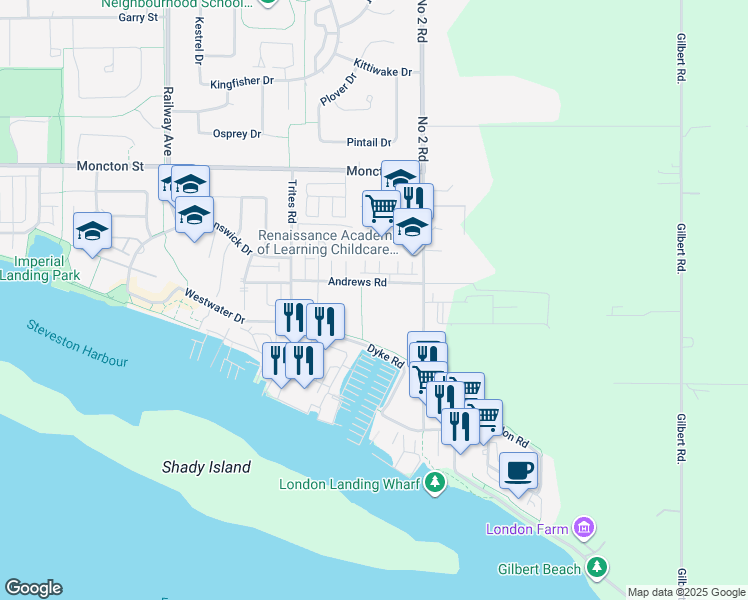 map of restaurants, bars, coffee shops, grocery stores, and more near 5700 Andrews Road in Richmond