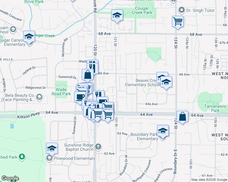 map of restaurants, bars, coffee shops, grocery stores, and more near 6533 121 Street in Surrey