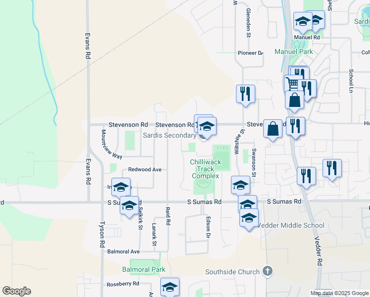 map of restaurants, bars, coffee shops, grocery stores, and more near 6601 Fern Street in Chilliwack