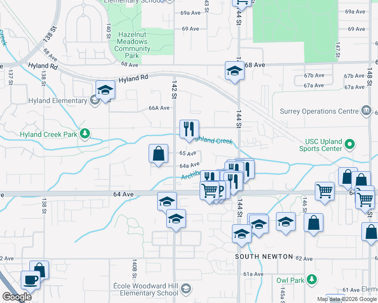 map of restaurants, bars, coffee shops, grocery stores, and more near 6516 142A Street in Surrey