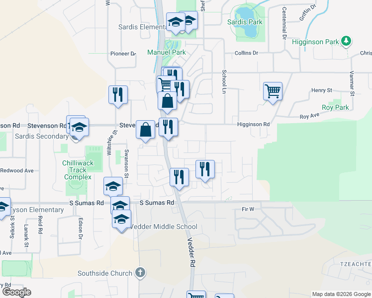 map of restaurants, bars, coffee shops, grocery stores, and more near 6577 Southdowne Place in Chilliwack